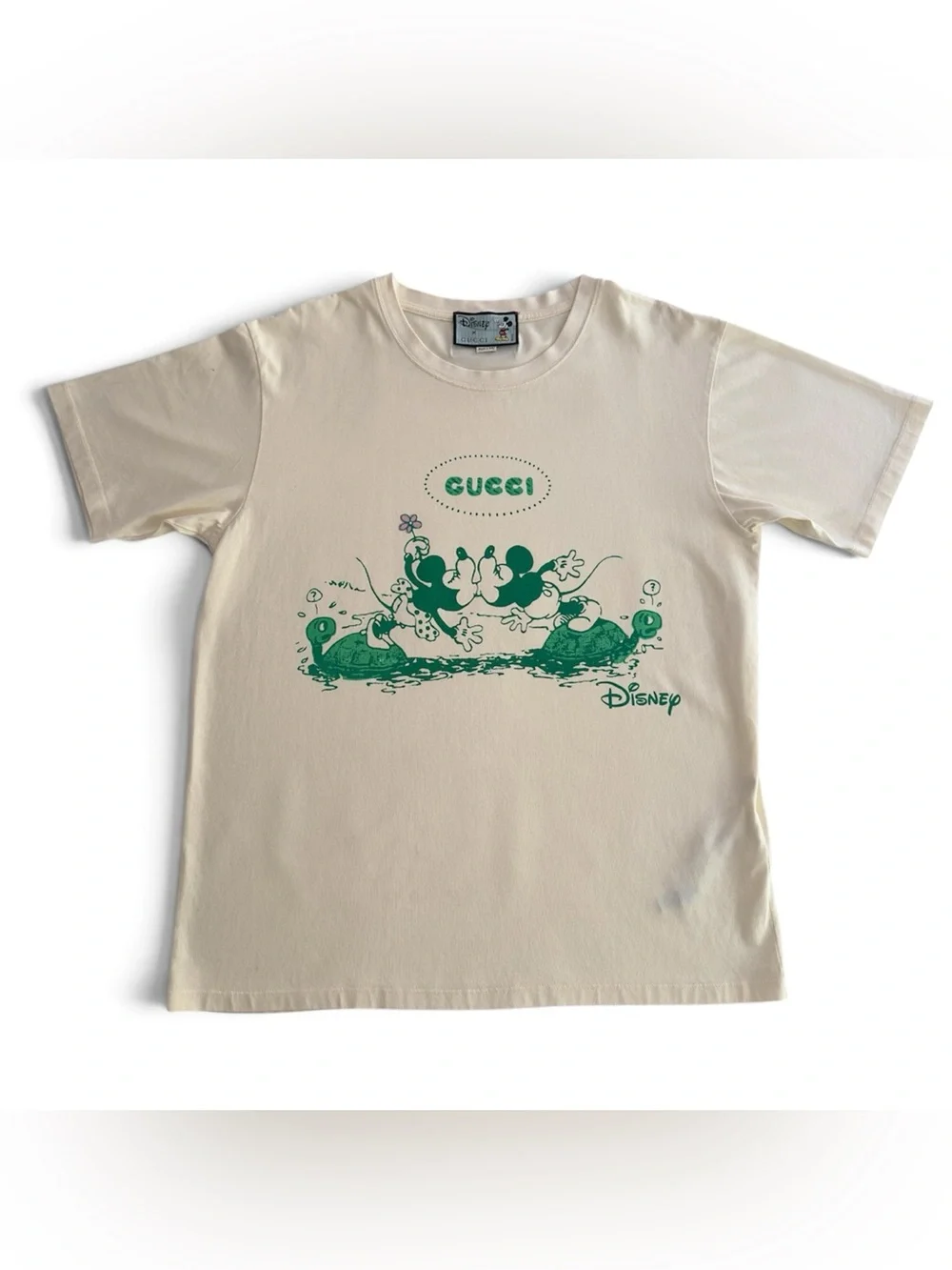 Gucci Cream Short-Sleeve Tee with Green Disney Graphic